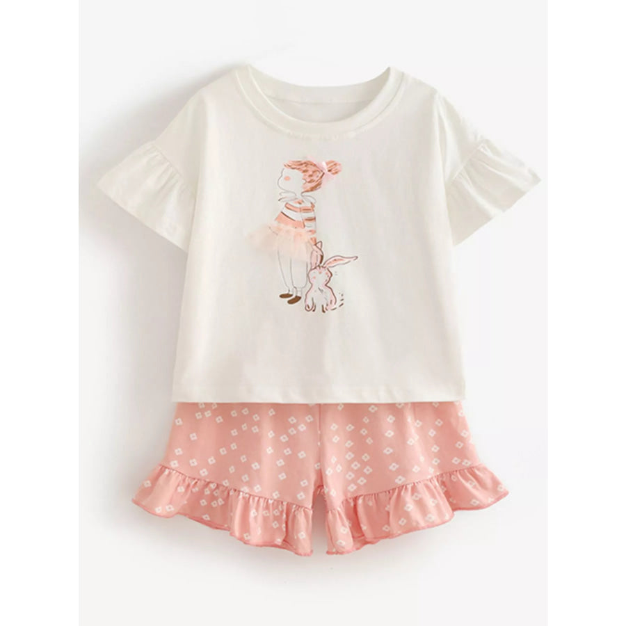 Children’s Ruffled Sleeve Graphic Tee & Floral Ruffle Shorts Set Apparel and Accessories