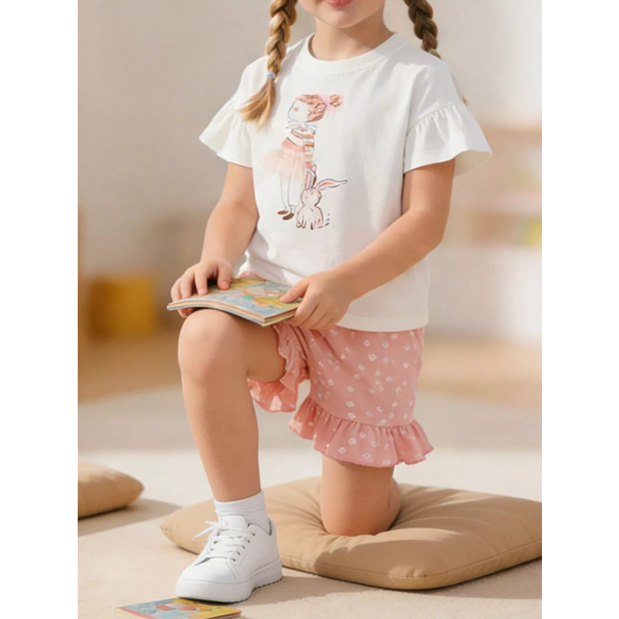 Children’s Ruffled Sleeve Graphic Tee & Floral Ruffle Shorts Set White / 3T Apparel and Accessories