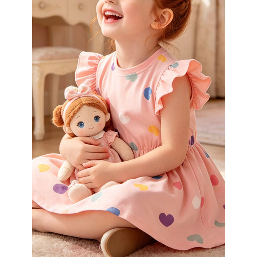 Children’s Ruffled Sleeve Heart Print Casual Dress Pale Blush / 3T Apparel and Accessories