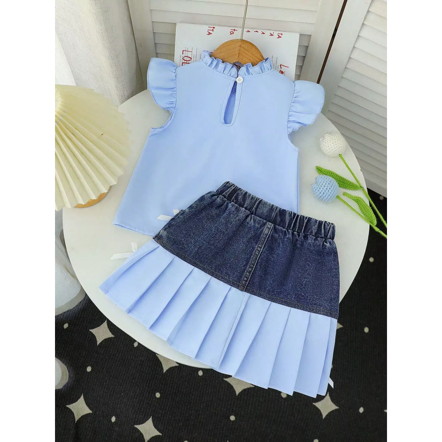 Children’s Ruffled Top & Denim Patchwork Pleated Skirt Set Apparel and Accessories
