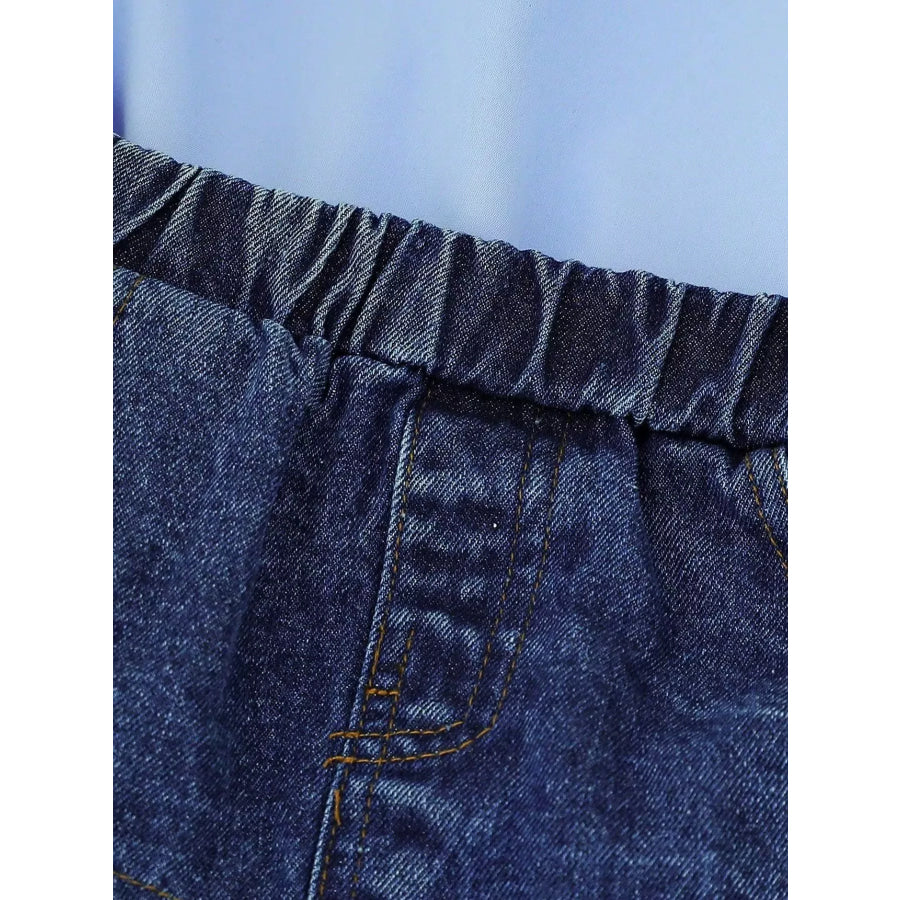 Children’s Ruffled Top & Denim Patchwork Pleated Skirt Set Apparel and Accessories