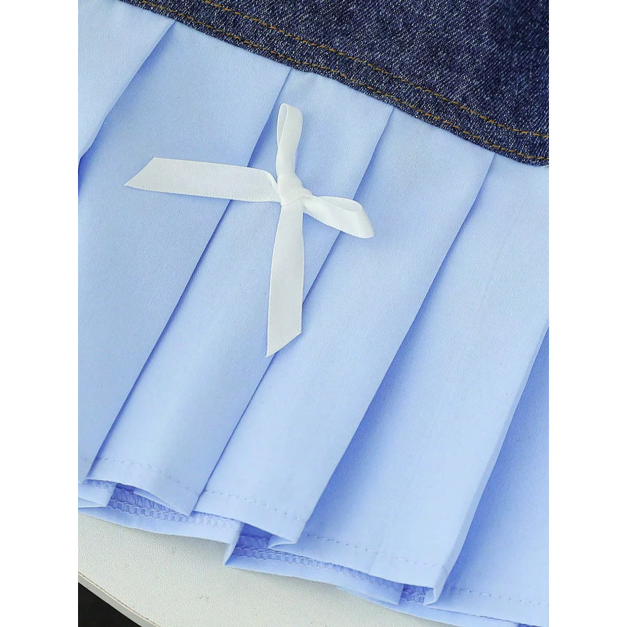 Children’s Ruffled Top & Denim Patchwork Pleated Skirt Set Apparel and Accessories