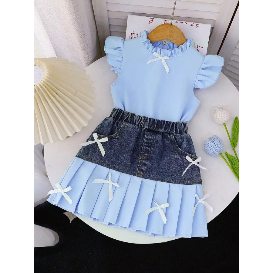 Children’s Ruffled Top & Denim Patchwork Pleated Skirt Set Light Blue / 4Y Apparel and Accessories