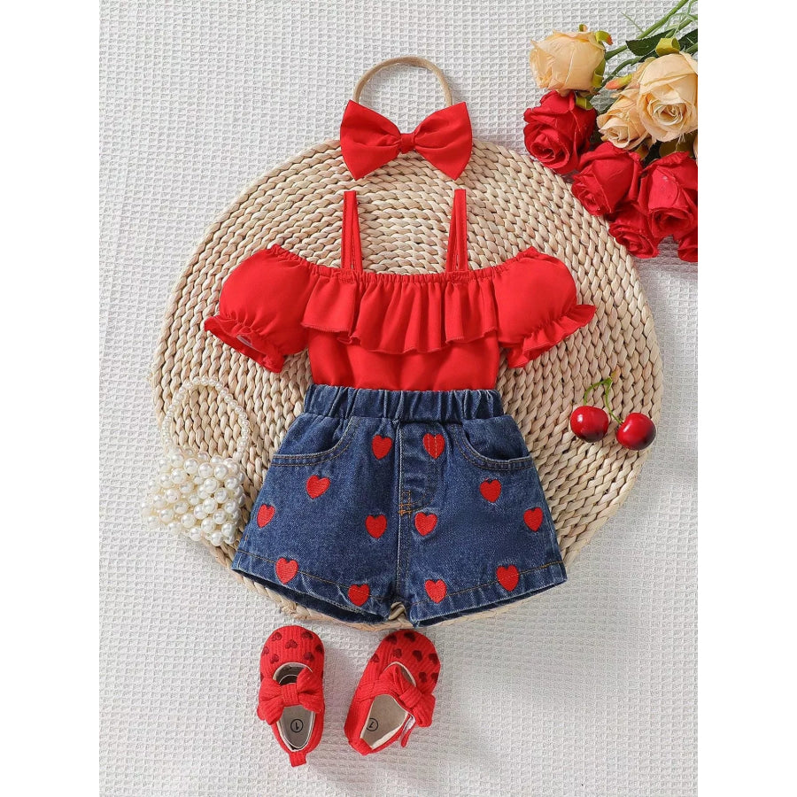 Children’s Ruffled Top & Heart Embroidered Denim Shorts Set Red / 6-9M Apparel and Accessories