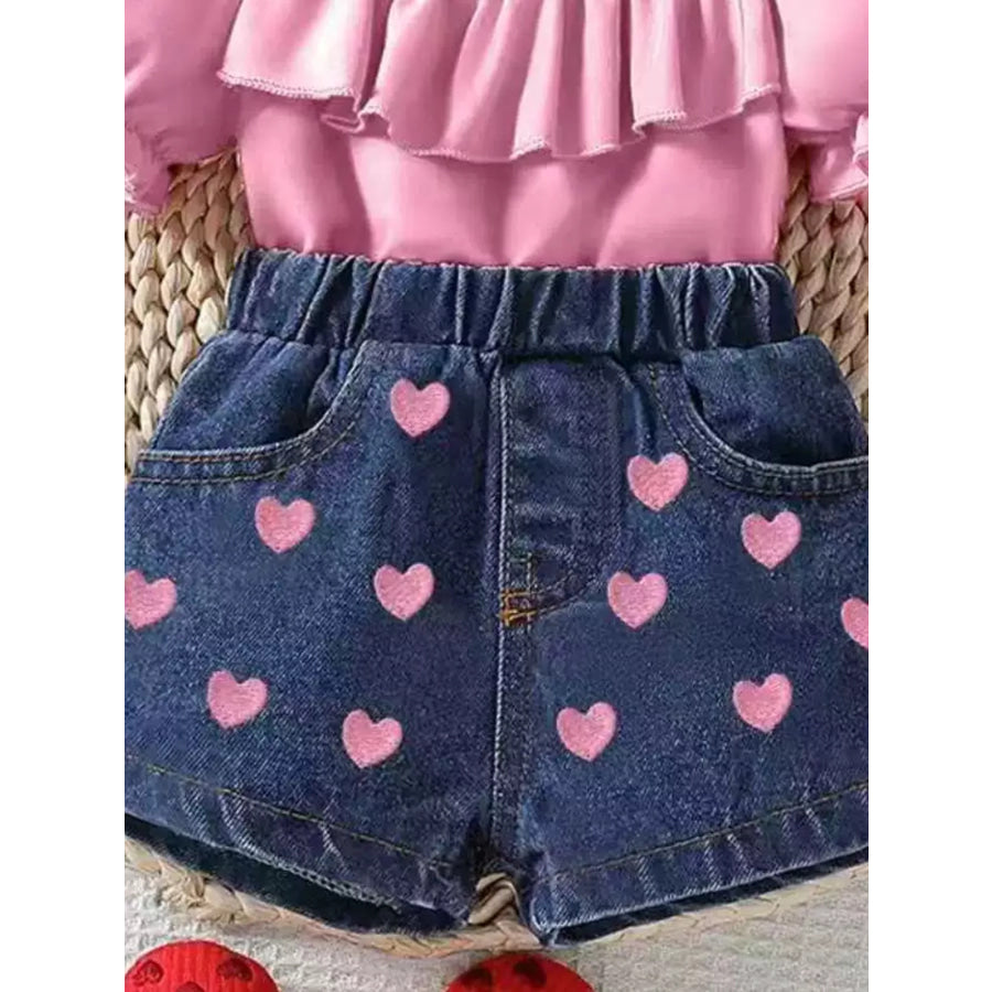 Children’s Ruffled Top & Heart Embroidered Denim Shorts Set Apparel and Accessories