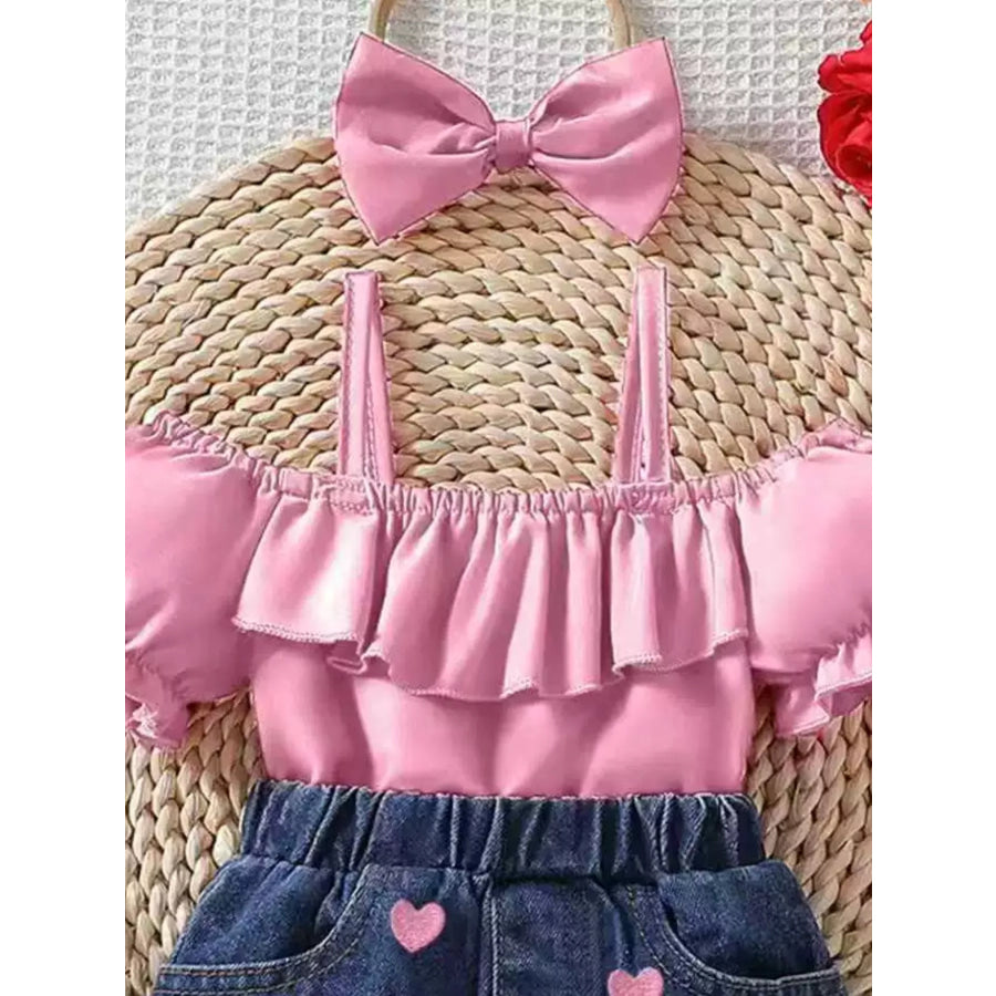 Children’s Ruffled Top & Heart Embroidered Denim Shorts Set Apparel and Accessories