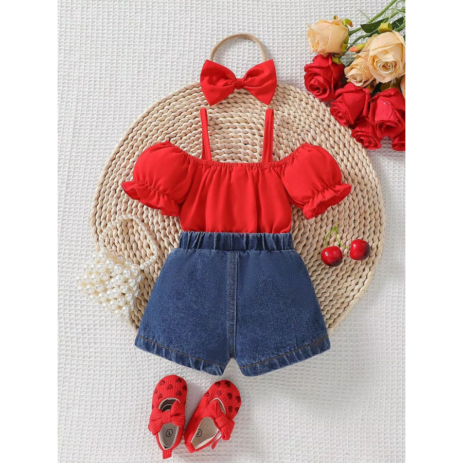 Children’s Ruffled Top & Heart Embroidered Denim Shorts Set Apparel and Accessories