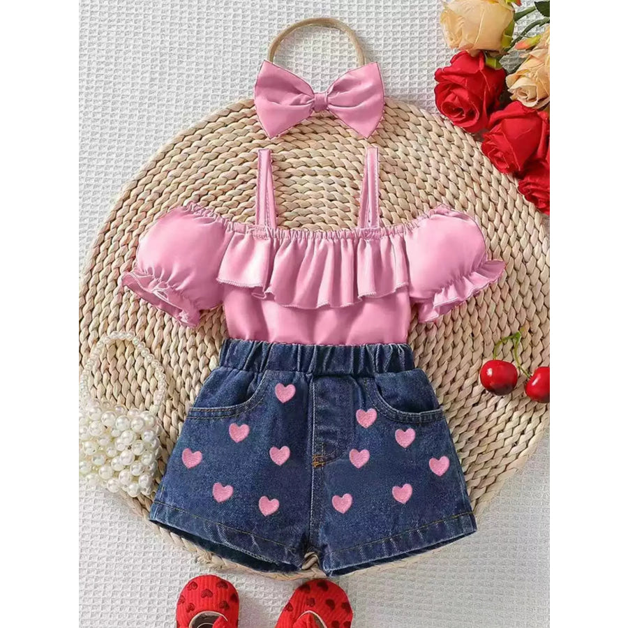 Children’s Ruffled Top & Heart Embroidered Denim Shorts Set Pink / 6-9M Apparel and Accessories
