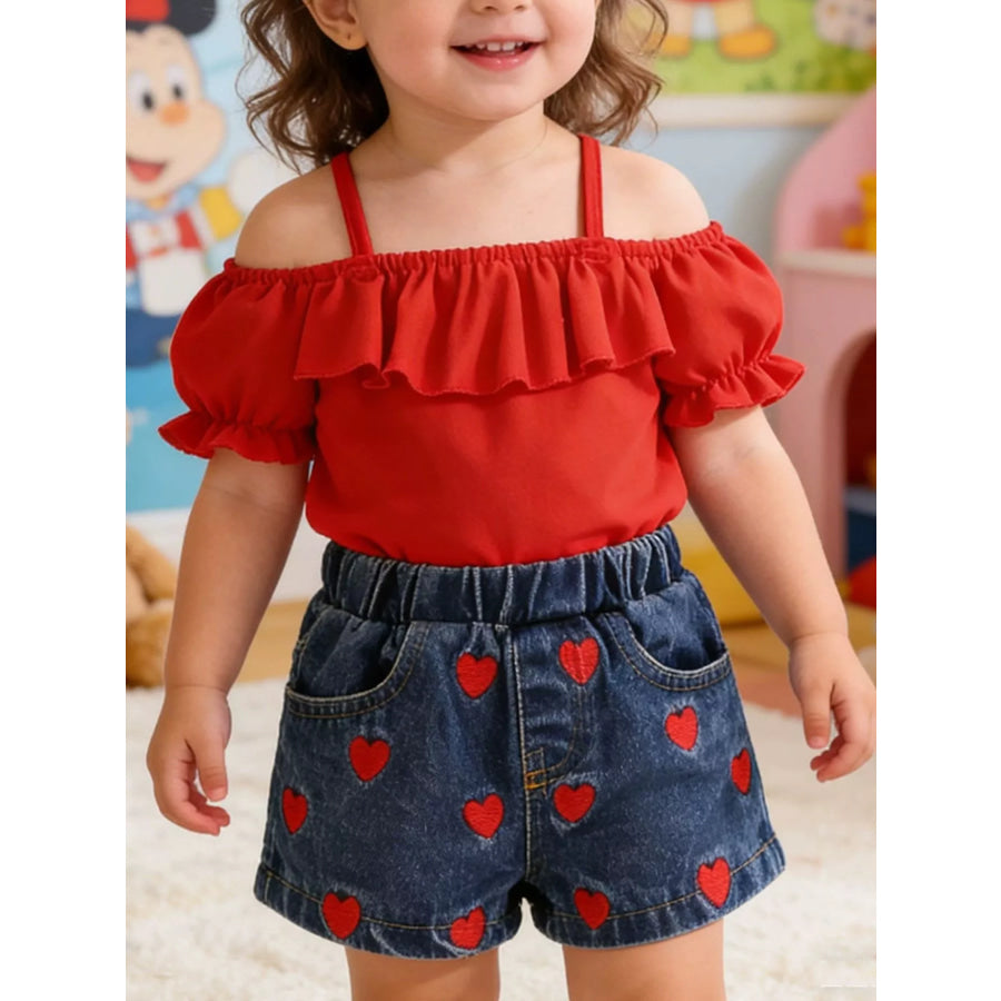 Children’s Ruffled Top & Heart Embroidered Denim Shorts Set Red / 6-9M Apparel and Accessories