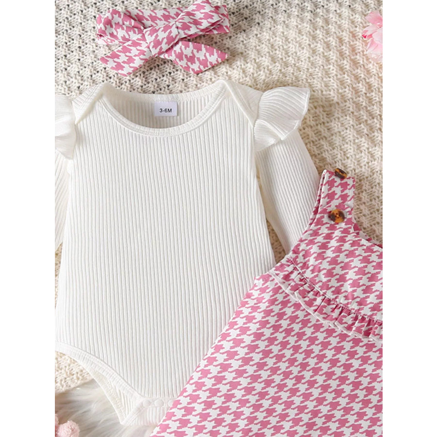 Children’s Ruffled Trim Bodysuit and Dress Set with Headband Dusty Pink / 0-3M Apparel and Accessories