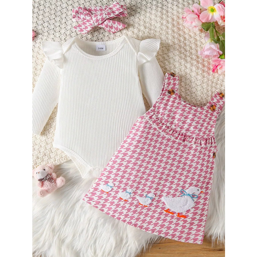 Children’s Ruffled Trim Bodysuit and Dress Set with Headband Dusty Pink / 0-3M Apparel and Accessories
