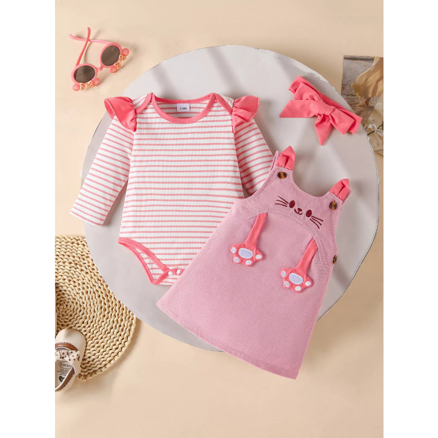 Children’s Ruffled Trim Bodysuit and Dress Set with Headband Pink / 0-3M Apparel and Accessories