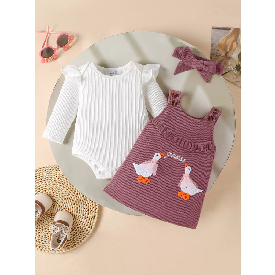 Children’s Ruffled Trim Bodysuit and Dress Set with Headband Plum Purple / 0-3M Apparel and Accessories