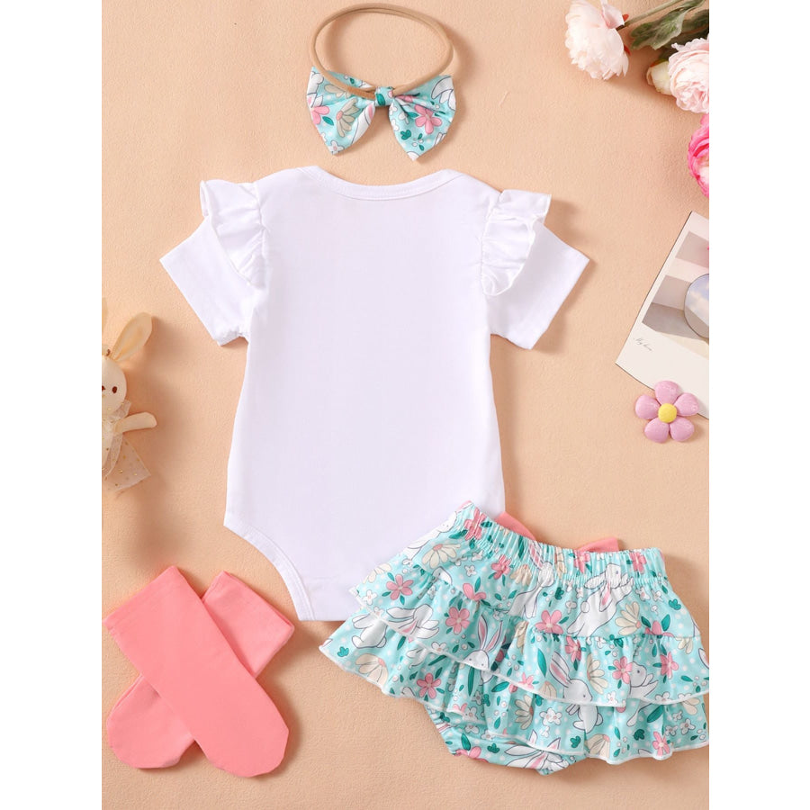 Children’s Ruffled Trim Bodysuit and Skirt Set with Headband Apparel and Accessories