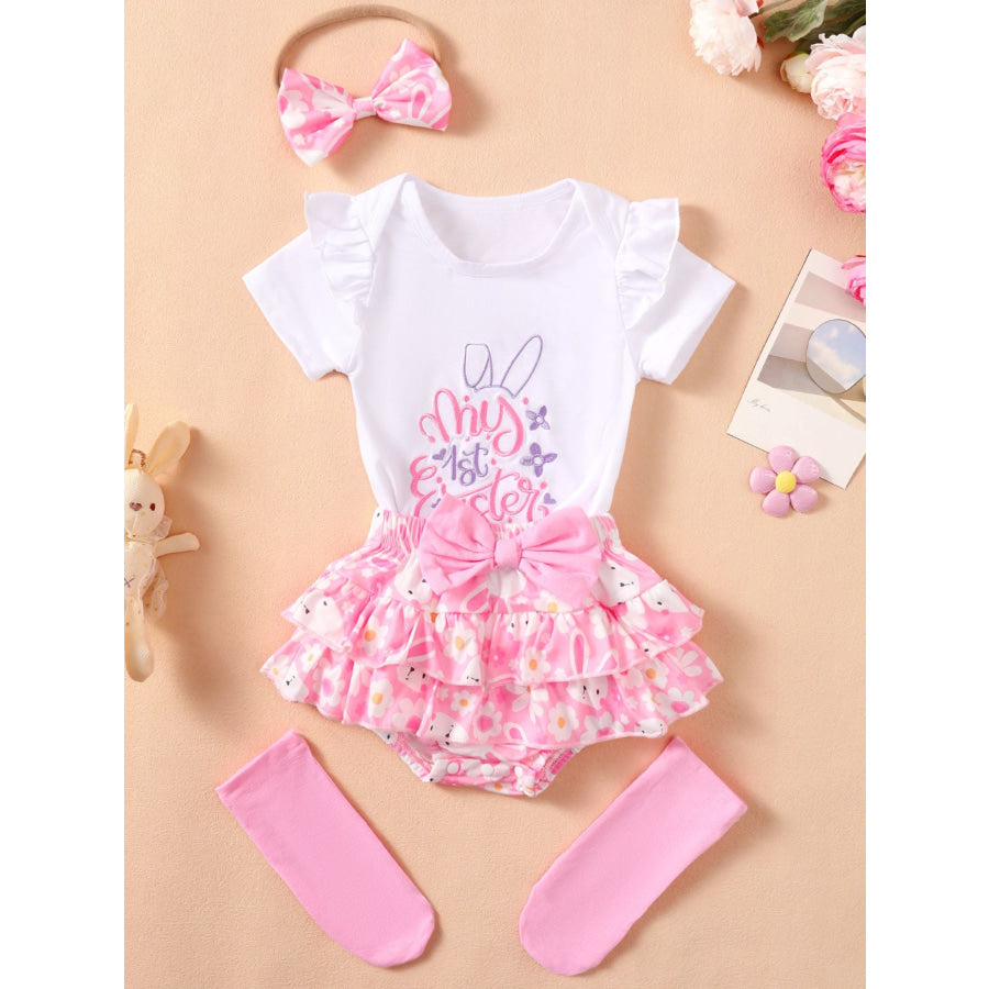Children’s Ruffled Trim Bodysuit and Skirt Set with Headband Apparel and Accessories