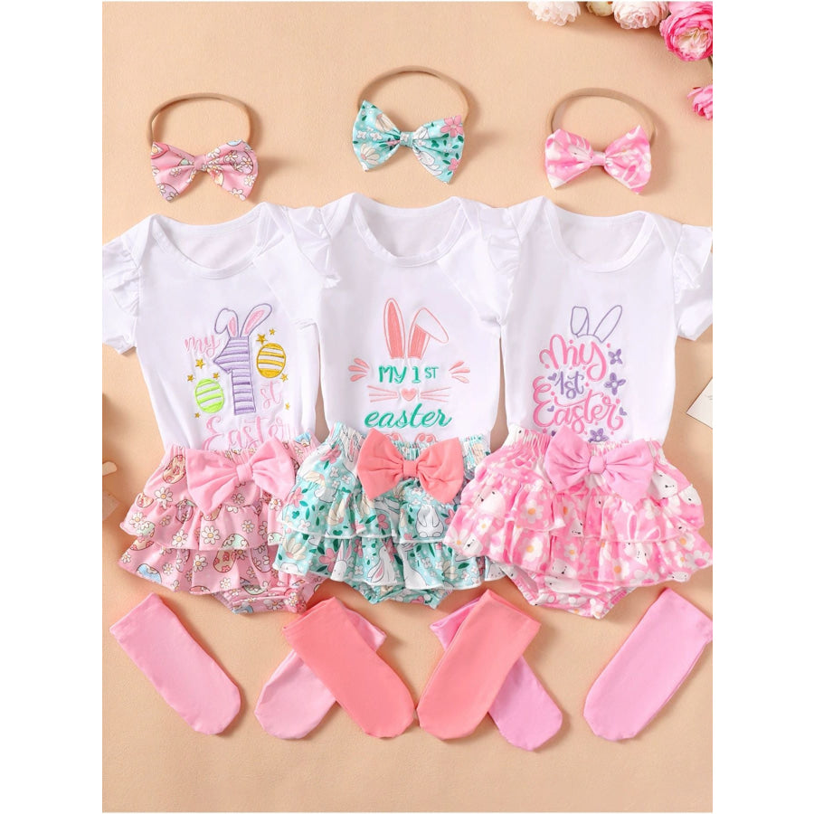 Children’s Ruffled Trim Bodysuit and Skirt Set with Headband Apparel and Accessories