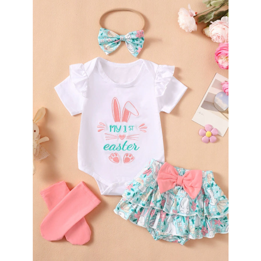 Children’s Ruffled Trim Bodysuit and Skirt Set with Headband Green / 0-3M Apparel and Accessories