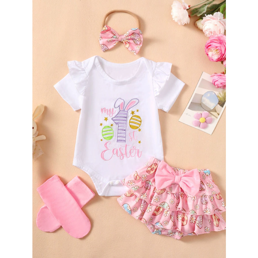 Children’s Ruffled Trim Bodysuit and Skirt Set with Headband Apparel and Accessories
