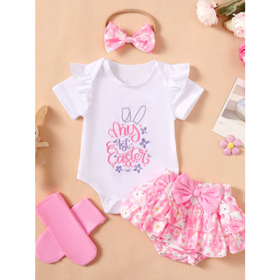 Children’s Ruffled Trim Bodysuit and Skirt Set with Headband Rose Red / 0-3M Apparel and Accessories