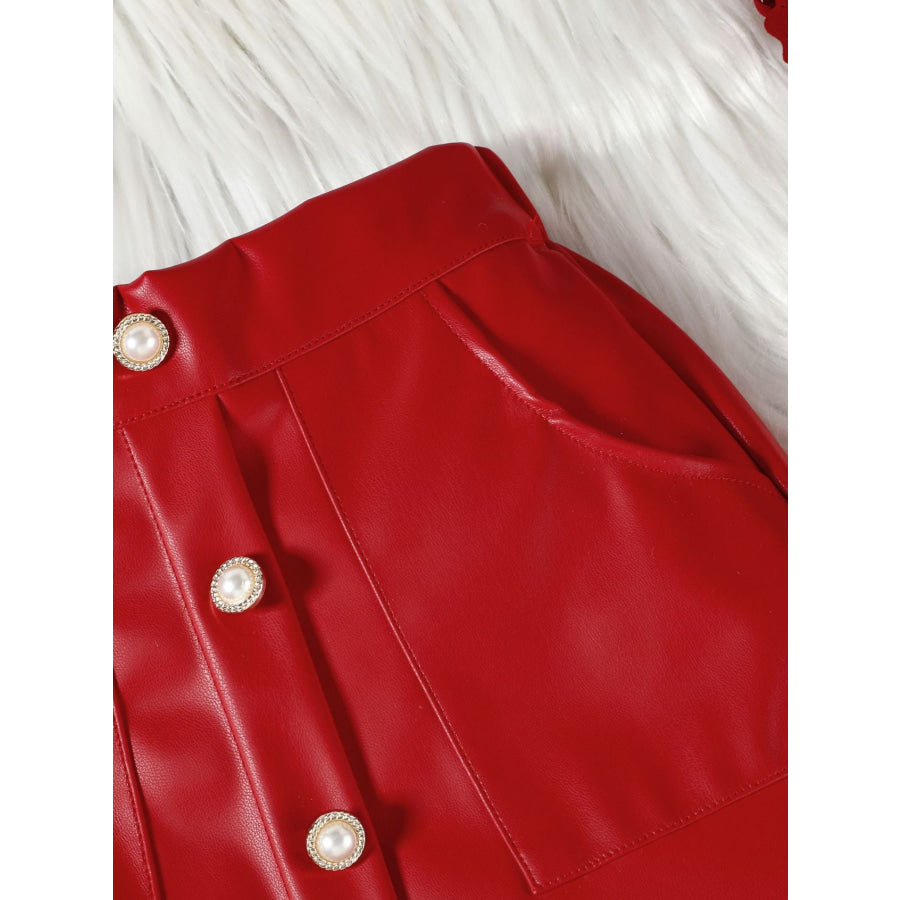 Children’s Ruffled Trim Ribbed Top & Faux Leather Skirt Set Apparel and Accessories
