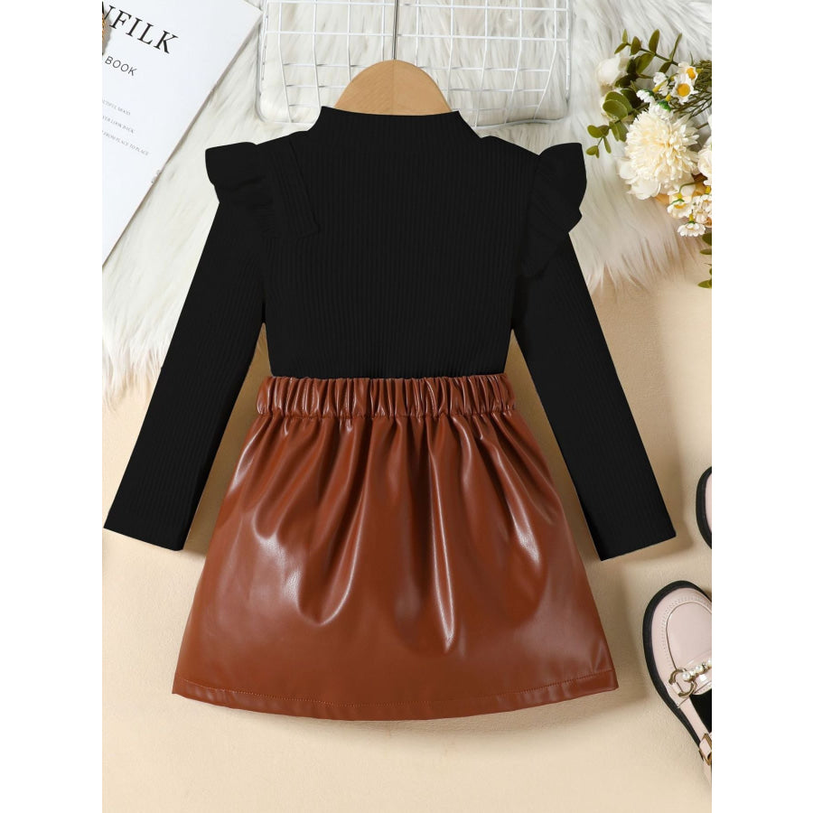 Children’s Ruffled Trim Ribbed Top & Faux Leather Skirt Set Apparel and Accessories