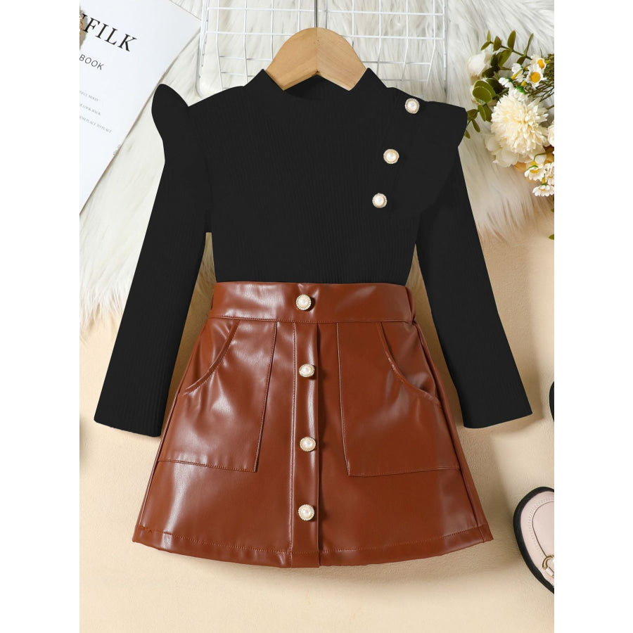 Children’s Ruffled Trim Ribbed Top & Faux Leather Skirt Set Black / 18-24M Apparel and Accessories