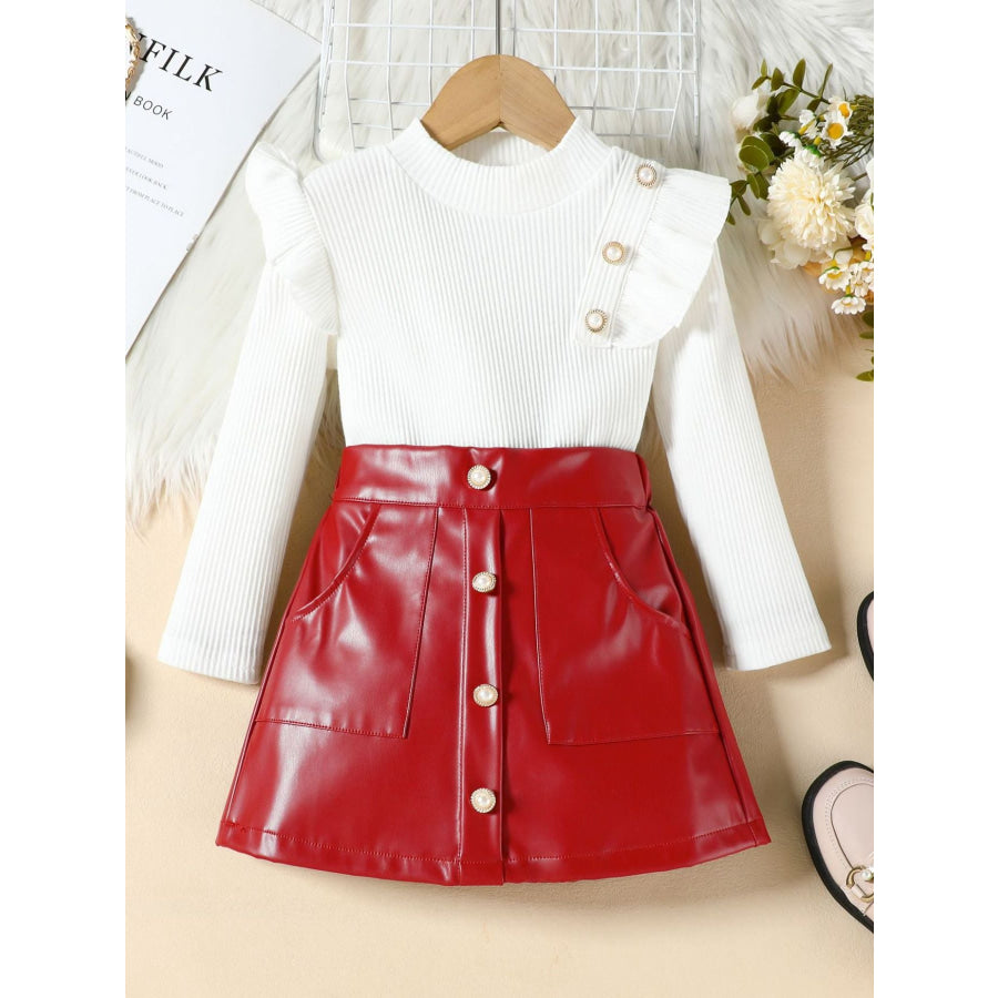 Children’s Ruffled Trim Ribbed Top & Faux Leather Skirt Set Red / 18-24M Apparel and Accessories