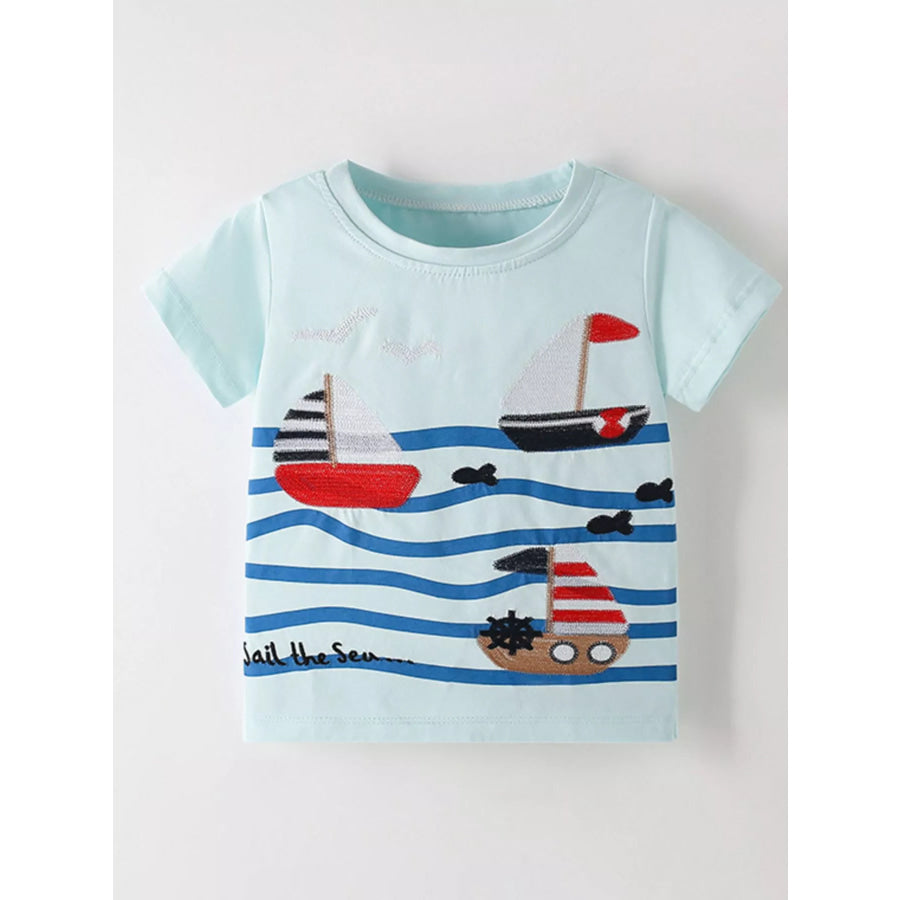 Children’s Sailboat Embroidered Short Sleeve T-Shirt Mint Blue / 5T Apparel and Accessories