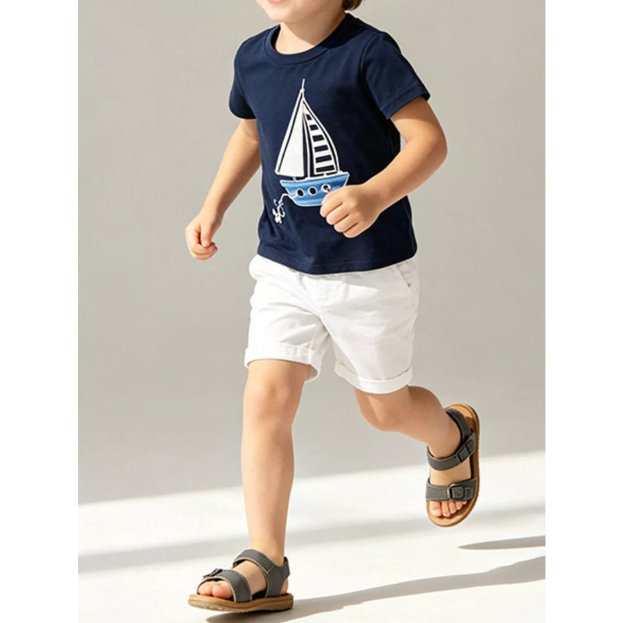 Children’s Sailboat Graphic Round Neck T-Shirt Navy Blue / 2T Apparel and Accessories