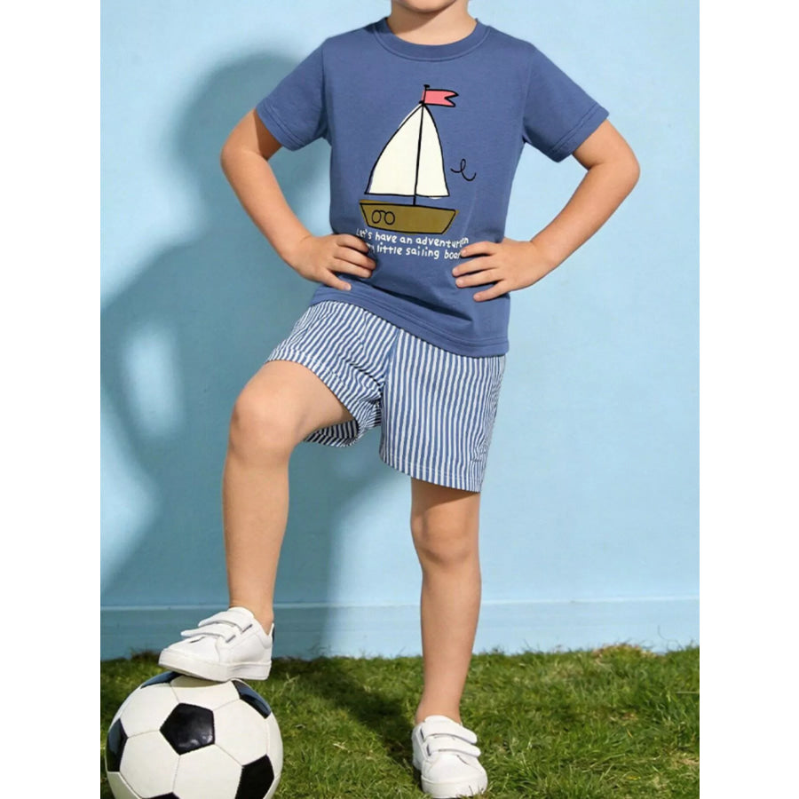 Children’s Sailboat Graphic Tee and Striped Shorts Set Dusty Blue / 2Y Apparel and Accessories