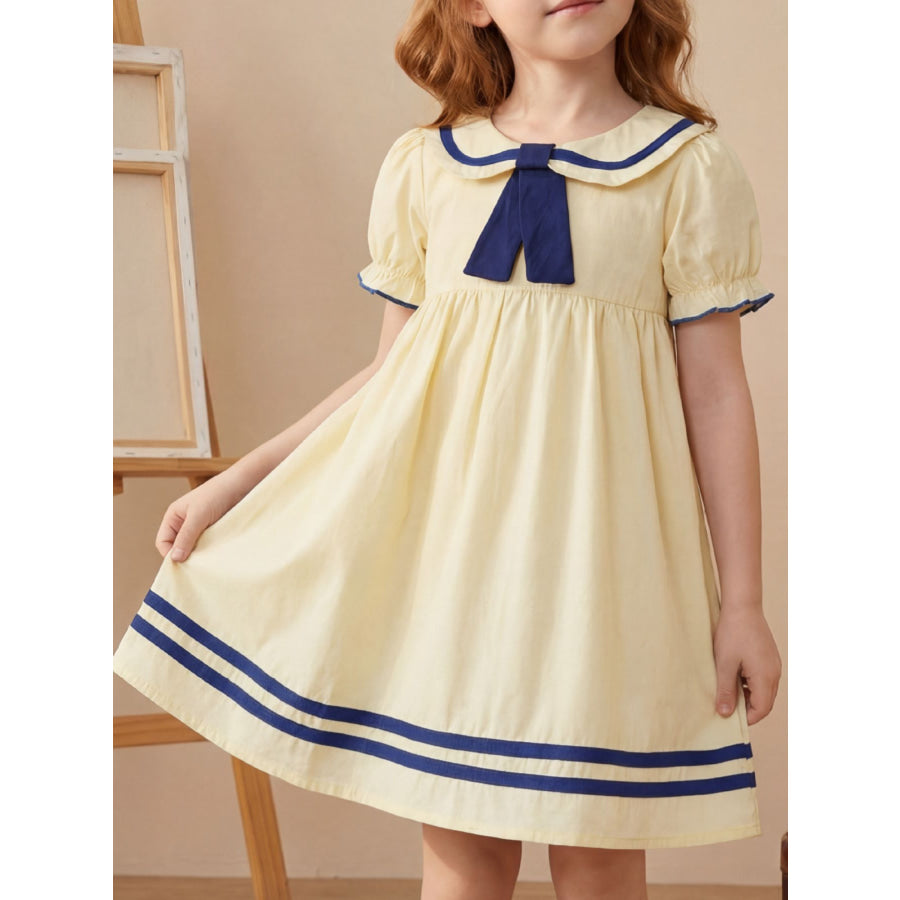 Children’s Sailor Collar Puff Sleeve Casual Dress Light Yellow / 2-3 Apparel and Accessories