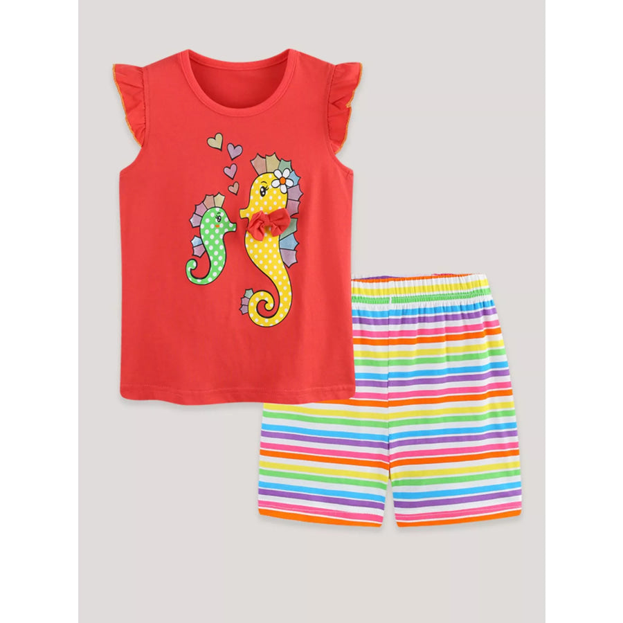 Children’s Seahorse Ruffle Sleeve Top and Rainbow Striped Shorts Set Apparel and Accessories