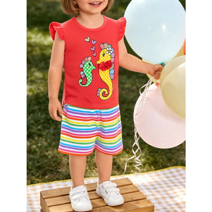 Children’s Seahorse Ruffle Sleeve Top and Rainbow Striped Shorts Set Red / 2Y Apparel and Accessories