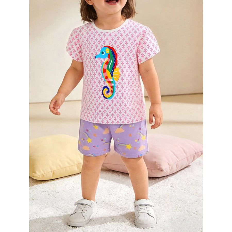 Children’s Seahorse Short Sleeve Tee and Shorts Set Pink Purple / 2Y Apparel and Accessories