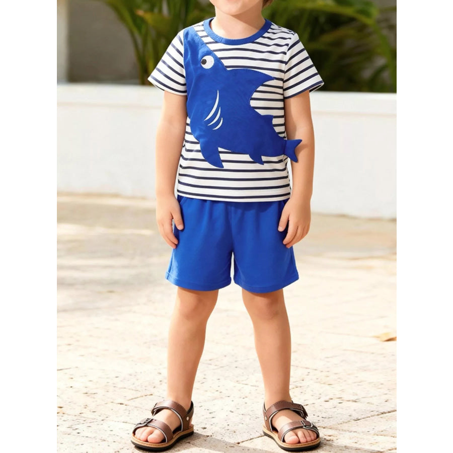 Children’s Shark Applique Striped T-Shirt & Shorts Set Royal Blue / 2Y Apparel and Accessories