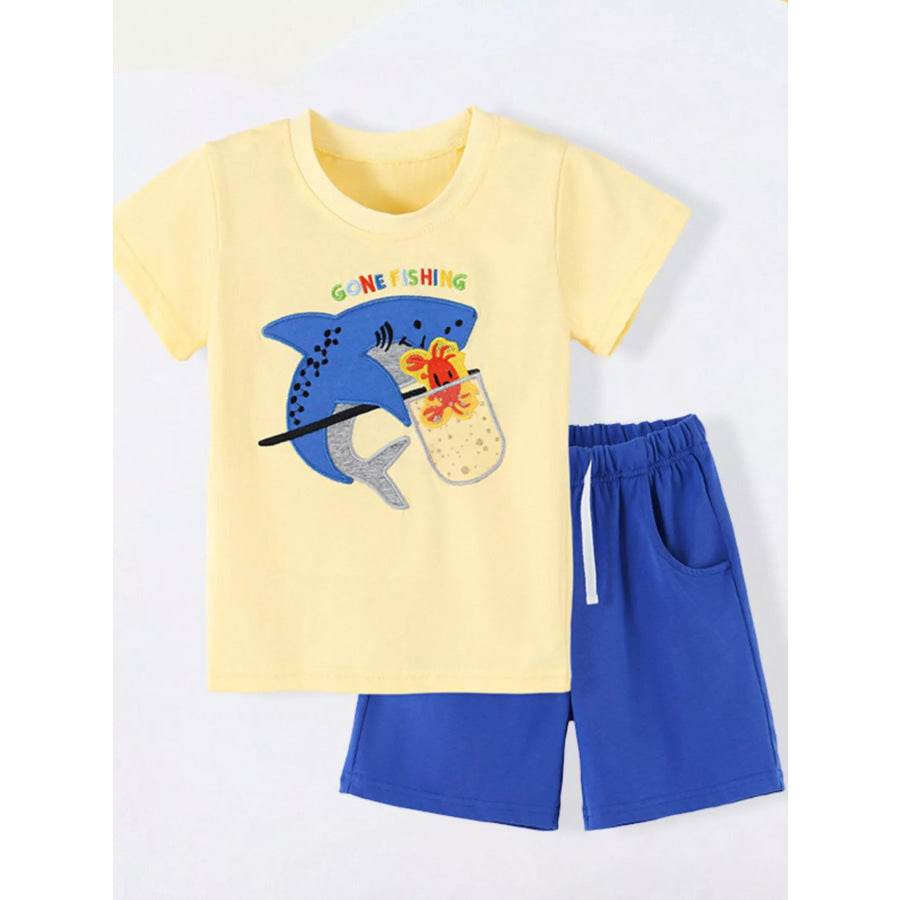 Children’s Shark Embroidered Round Neck Tee and Shorts Set Apparel and Accessories