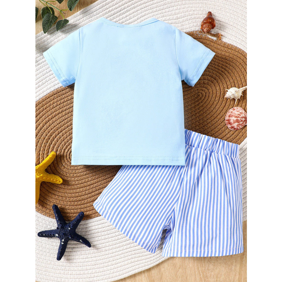 Children’s Shark Embroidered T-shirt and Striped Shorts Set Apparel and Accessories