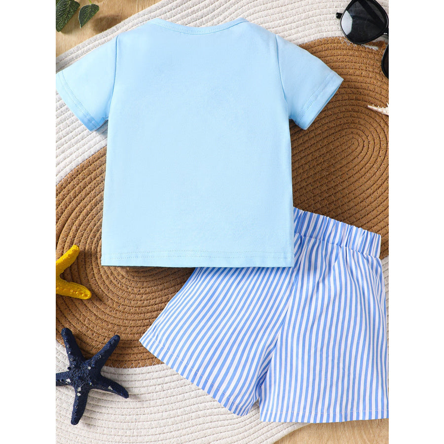 Children’s Shark Embroidered T-shirt and Striped Shorts Set Apparel and Accessories