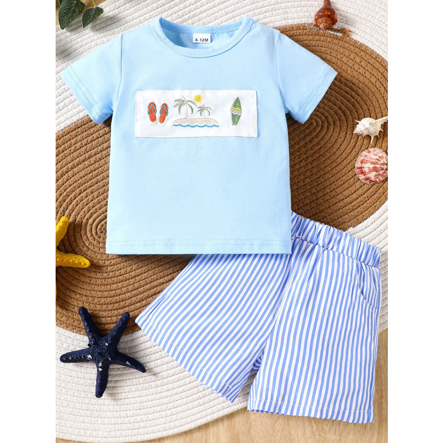 Children’s Shark Embroidered T-shirt and Striped Shorts Set White / 6-12M Apparel and Accessories