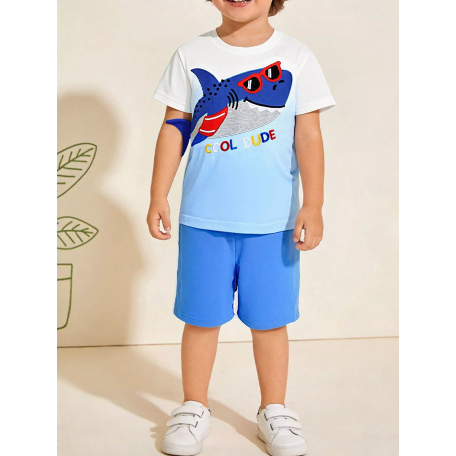 Children’s Shark Embroidered Tee and Shorts Set Pastel Blue / 2Y Apparel and Accessories