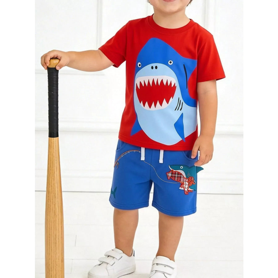Children’s Shark Graphic Tee and Shorts Set Red / 2Y Apparel and Accessories