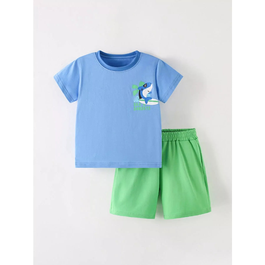 Children’s Shark Graphic Tee and Shorts Set Sky Blue / 4Y Apparel and Accessories