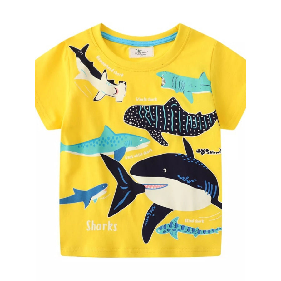Children’s Shark Print Short Sleeve T-Shirt Yellow / 2T Apparel and Accessories