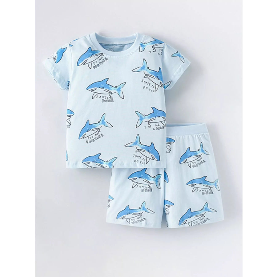 Children’s Shark Print Short Sleeve Top and Shorts Set Pastel Blue / 3Y Apparel and Accessories