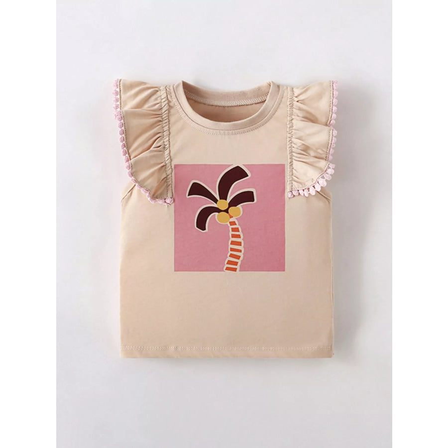 Children’s Sleeveless Palm Tree Graphic T-Shirt with Ruffle Trim Tan / 3Y Apparel and Accessories