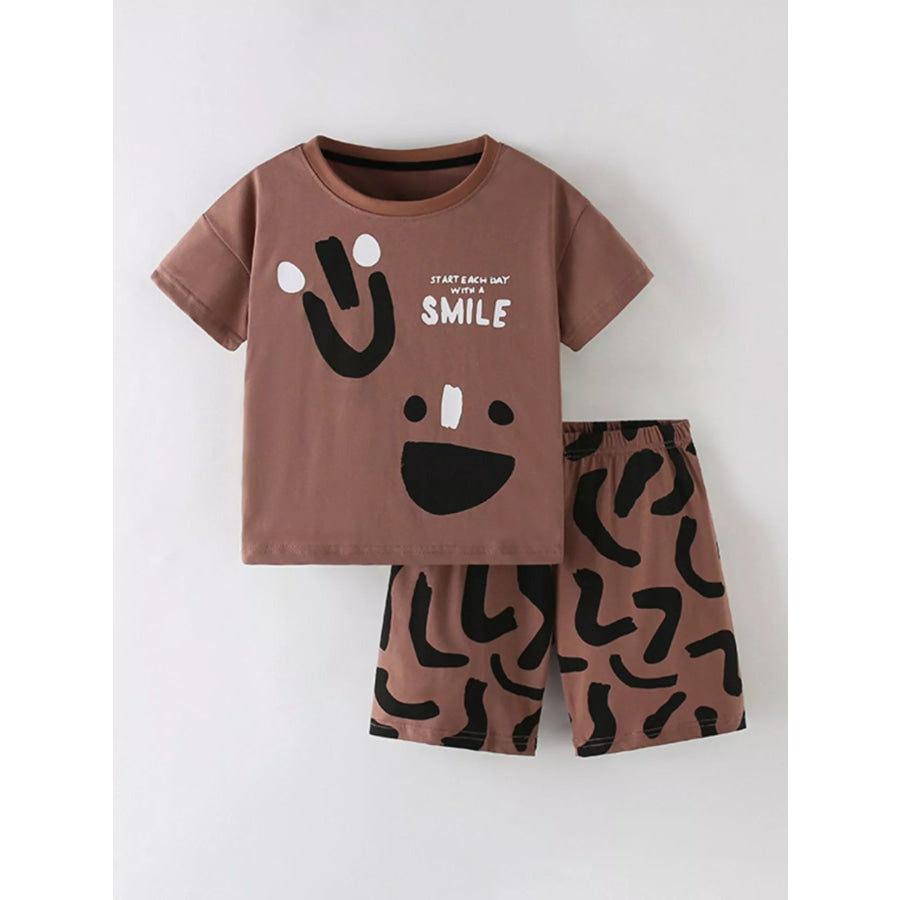 Children’s Smile Print Tee and Shorts Casual Set Coffee Brown / 4Y Apparel and Accessories