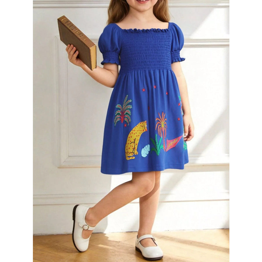 Children’s Smocked Animal Puff Sleeve Dress Royal Blue / 2Y Apparel and Accessories