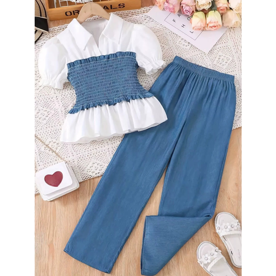 Children’s Smocked Blouse and Wide Leg Pants Set Sky Blue / 8Y Apparel and Accessories