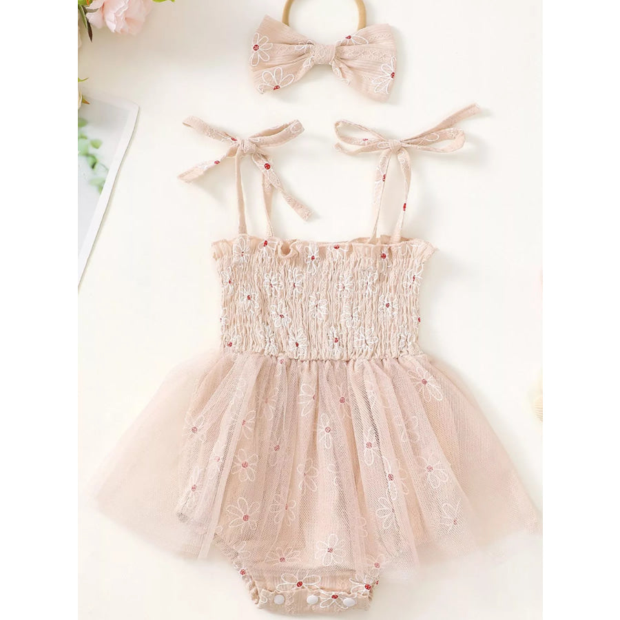 Children’s Smocked Bodice Tulle Dress with Headband Beige White / 0-3M Apparel and Accessories