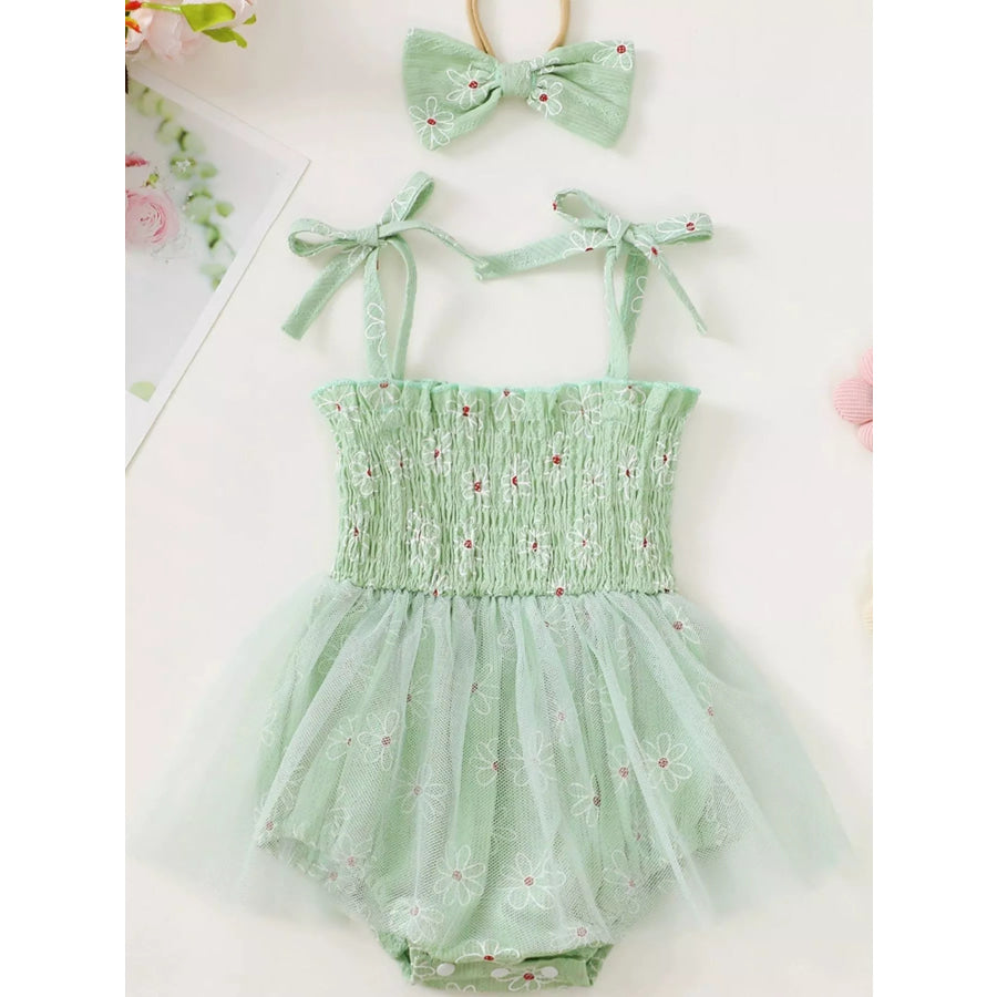 Children’s Smocked Bodice Tulle Dress with Headband Green / 0-3M Apparel and Accessories